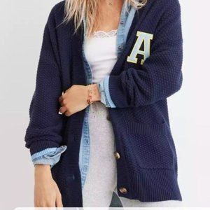 Aerie 100% Cotton Navy Ribbed Letterman's Sweater Preppy Size Large